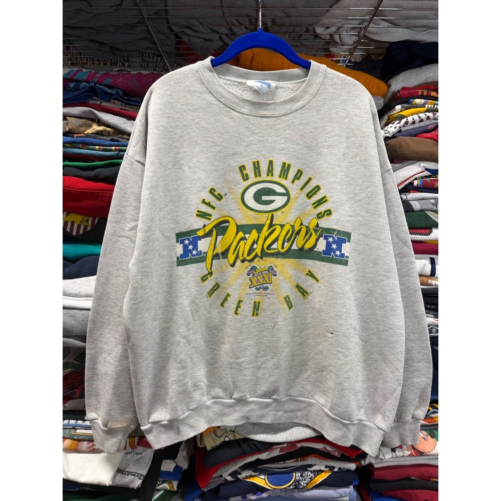 Vintage 90s Green Bay Packers NFC Champions Super Bowl XXXI Sweatshirt Gray XL